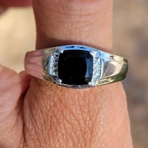 Solitaire cushion cut black spinel platinum brass silver men's ring size 12 NWT